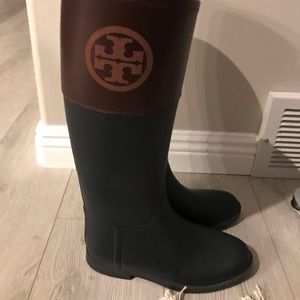 Tory Burch blue and brown rain boots, 8